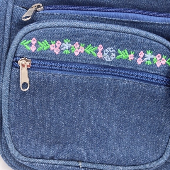 Vintage 90s Y2K Denim Messenger Bag Floral Embroidered Boho Purse - Picture 9 of 12
